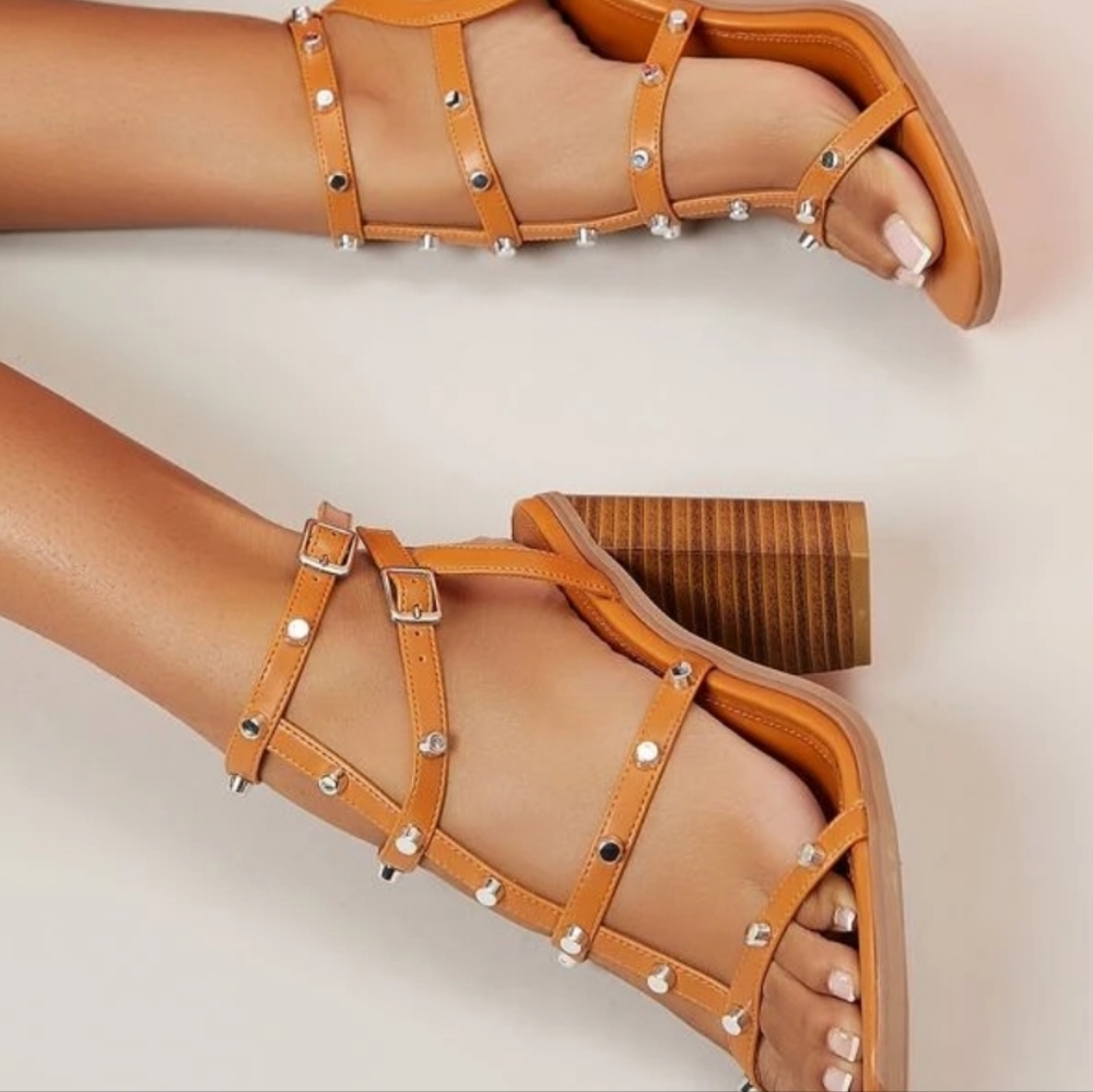 Shein Studded Faux Leather Block Heeled Sandals